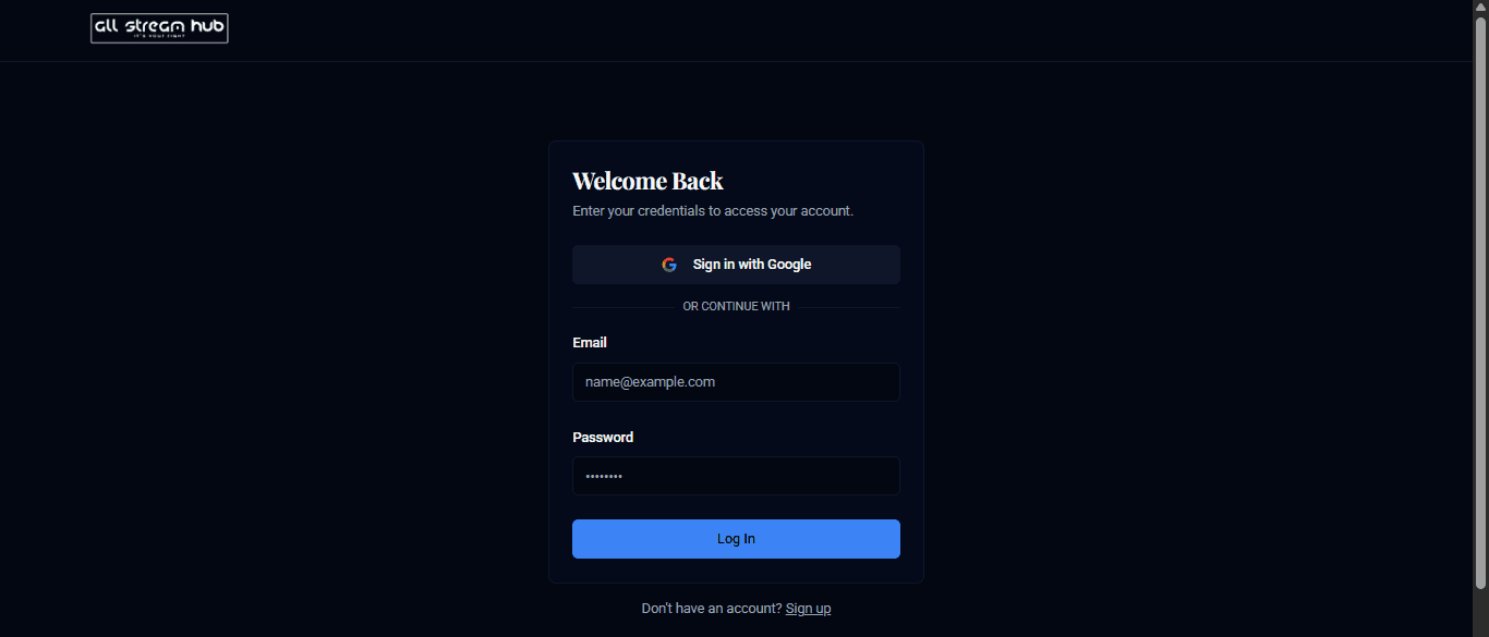 The AllStreamHub log-in page