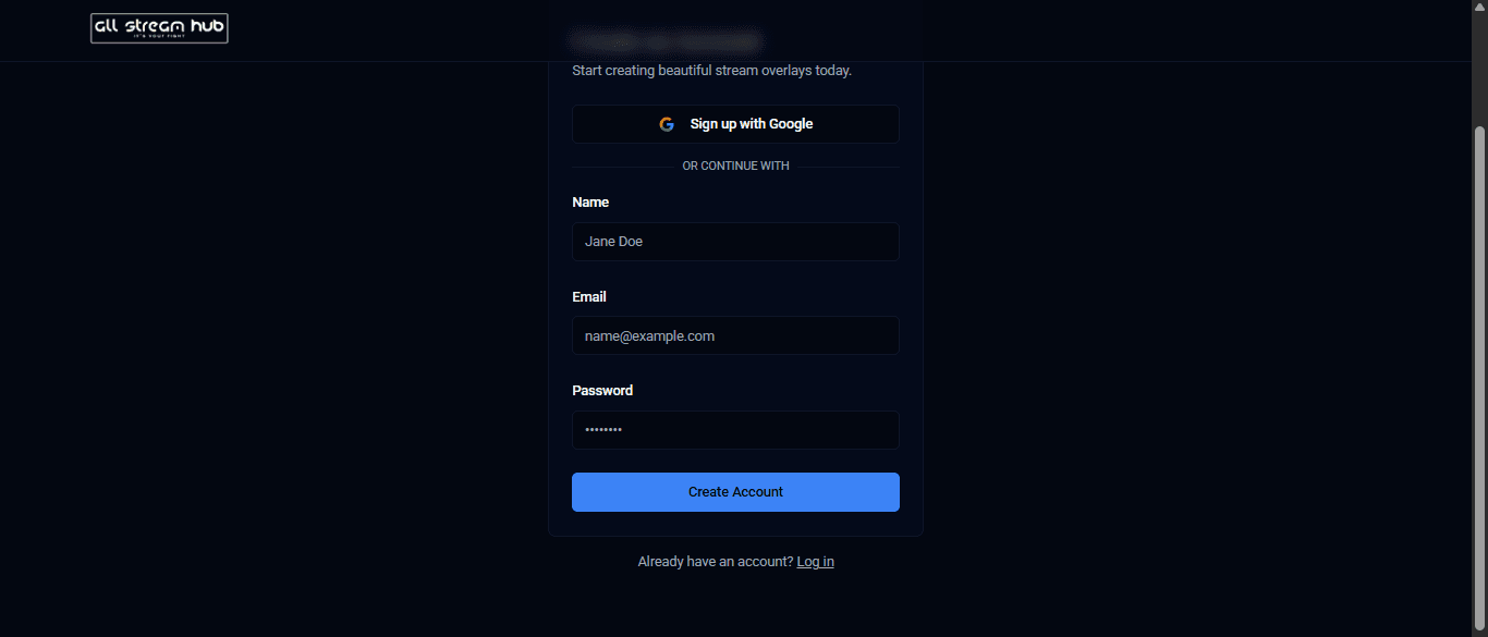 Bottom of the sign-up form with name, email, and password