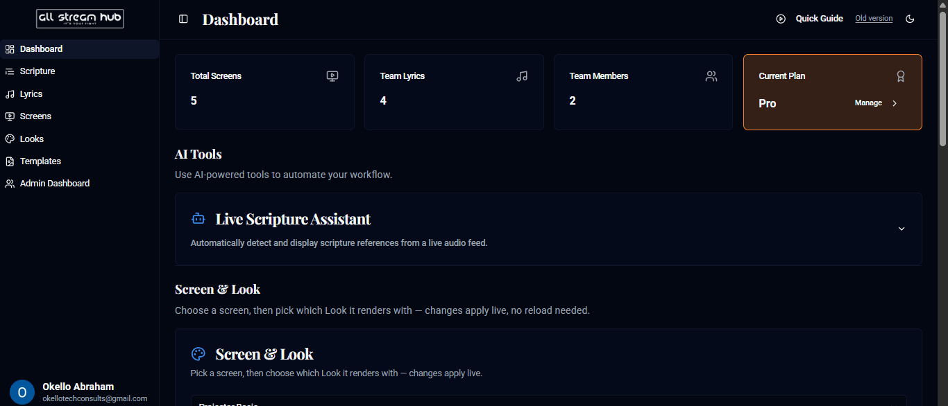The dashboard, showing usage stats and AI Tools