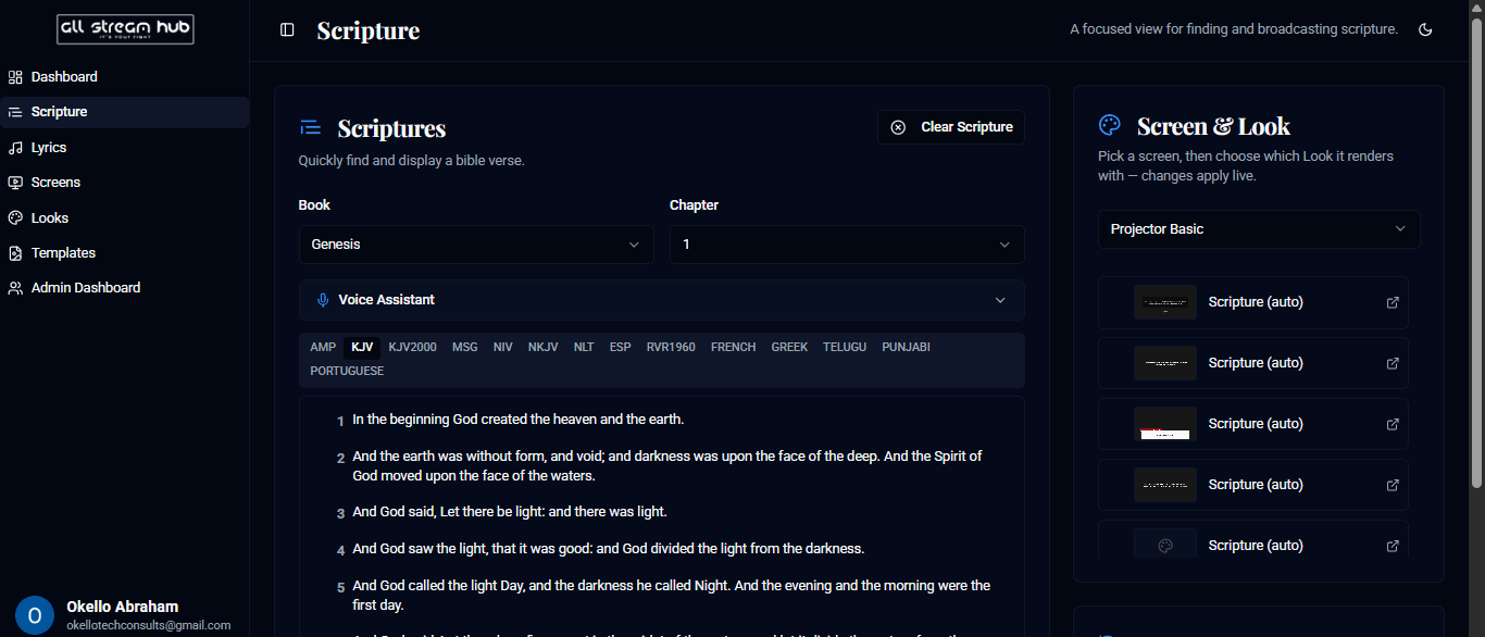 The Scripture page with book, chapter, and translation pickers