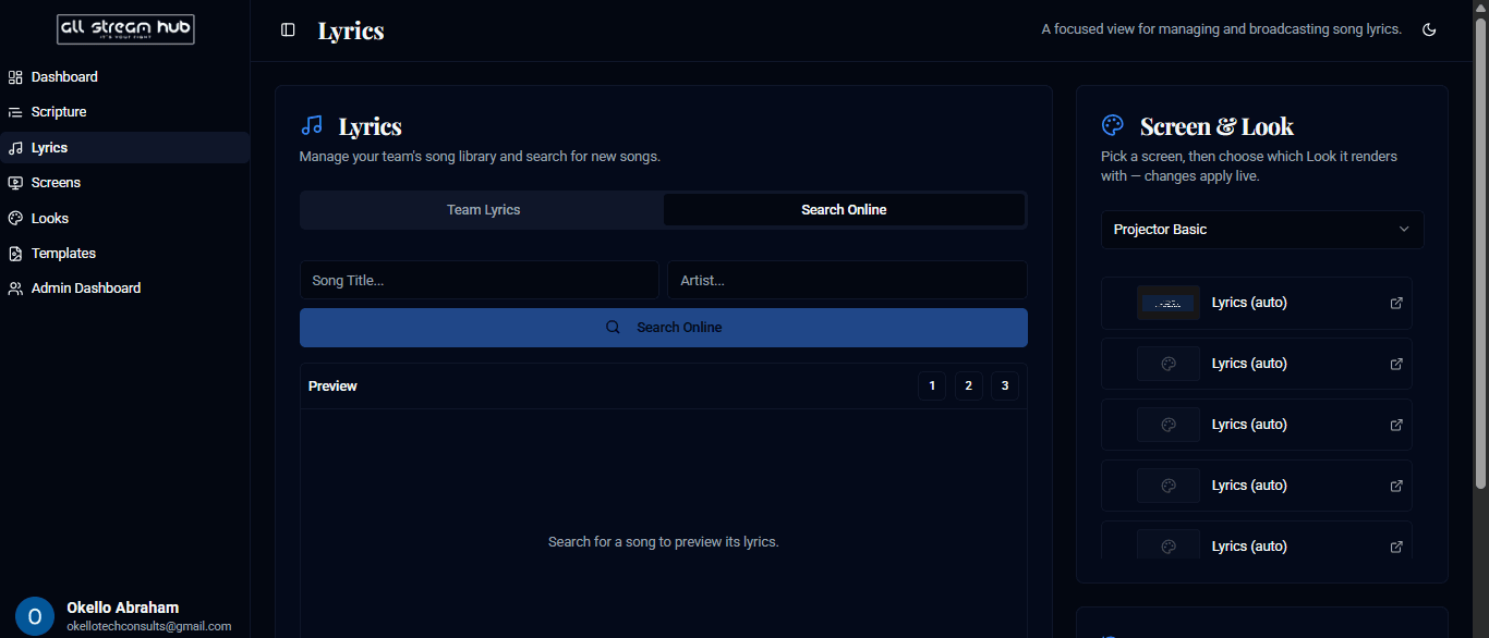 The Search Online tab for finding lyrics