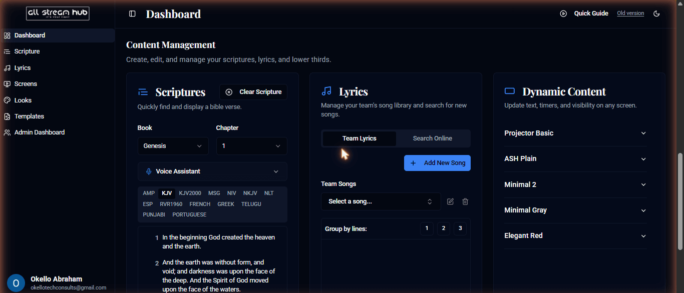 The Content Management section of the dashboard
