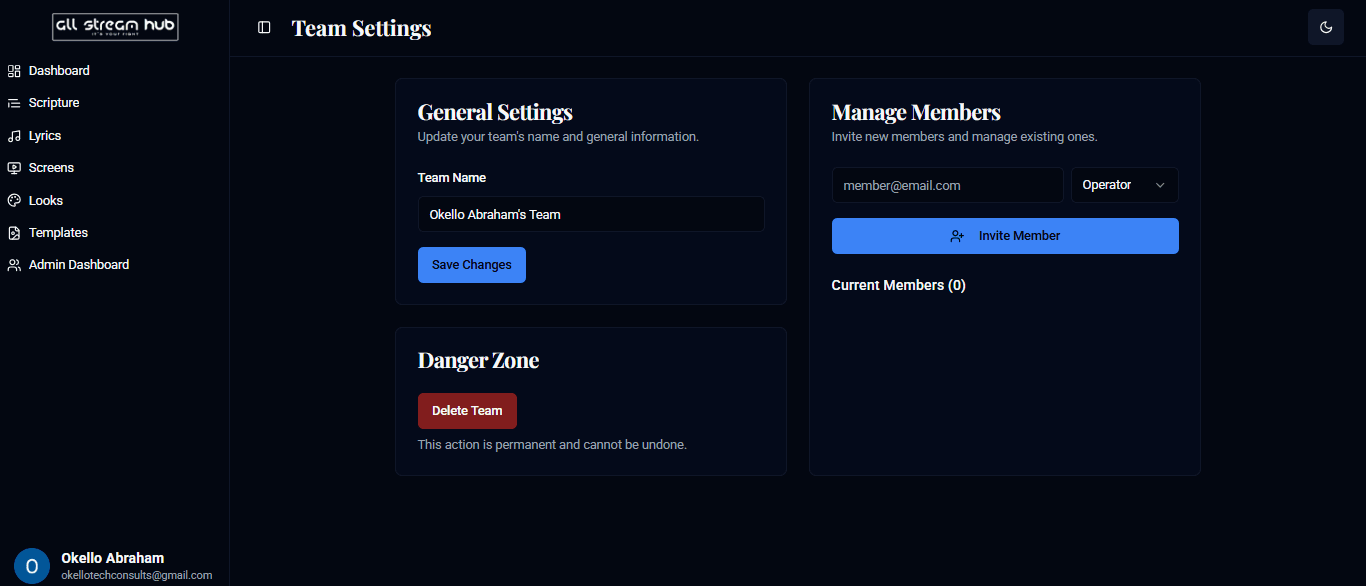 The Team Settings page