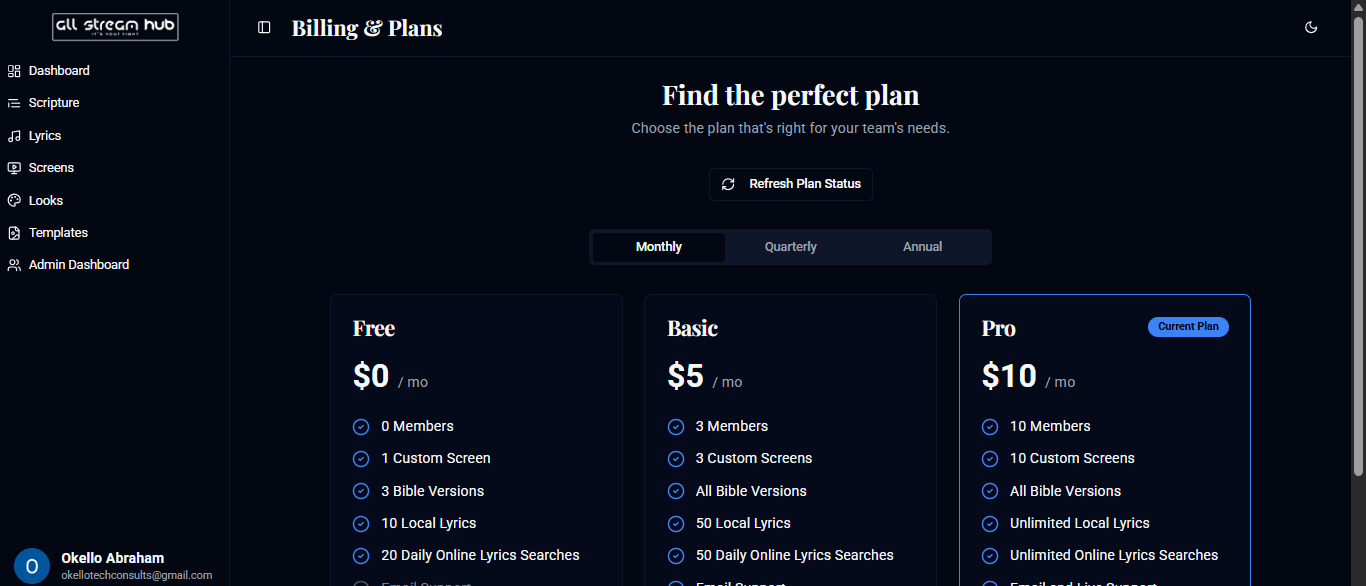 The Billing & Plans comparison table