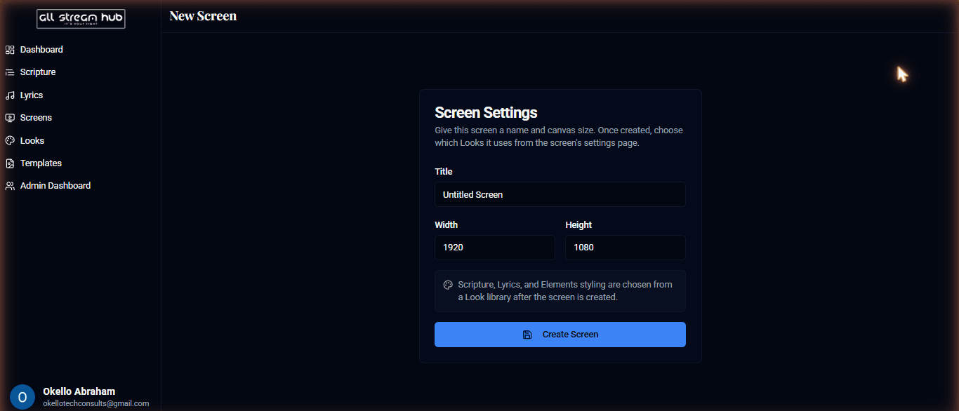 The New Screen dialog with title, width, and height